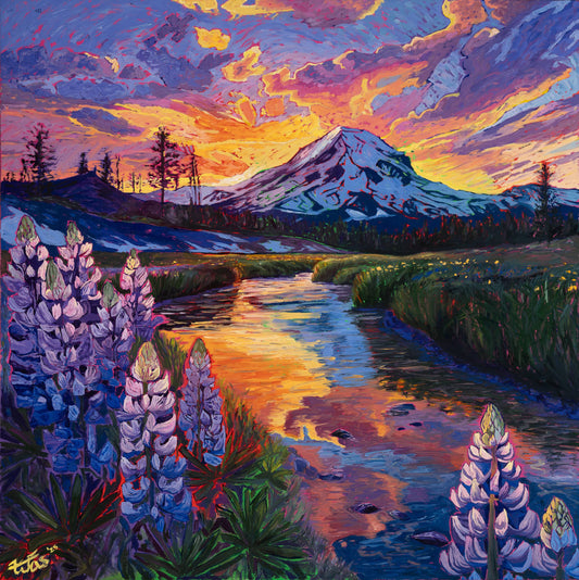 Original oil landscape painting of alpine mountains and gold river with thick textured purple lupines by Brittany Was.