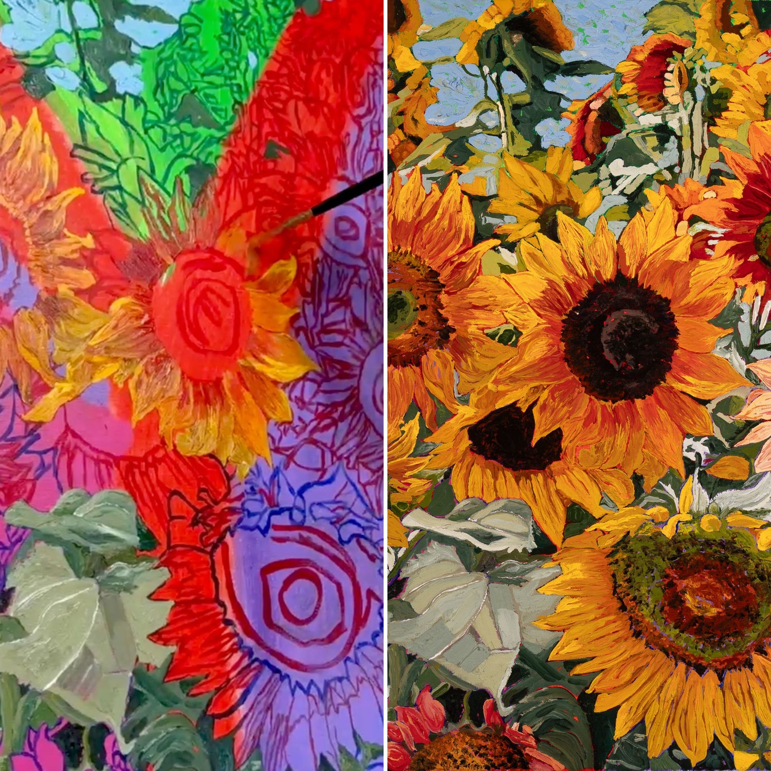 Detail of heavy impasto oil painting texture showing vibrant sunflowers and thick brushstrokes by Brittany Was.