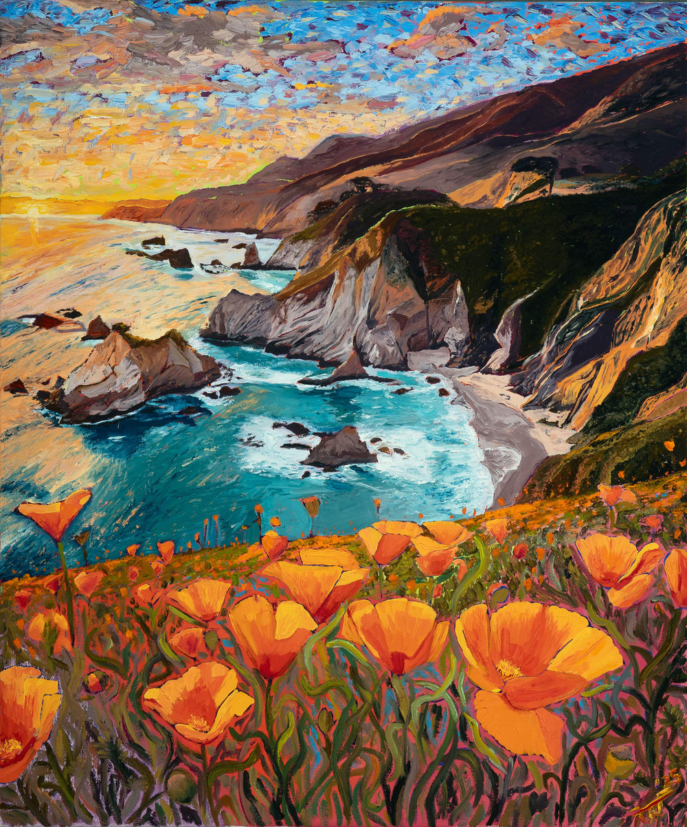 Impasto coastal seascape oil painting of turquoise ocean and jagged cliffs with raised orange poppy flowers by Brittany Was.