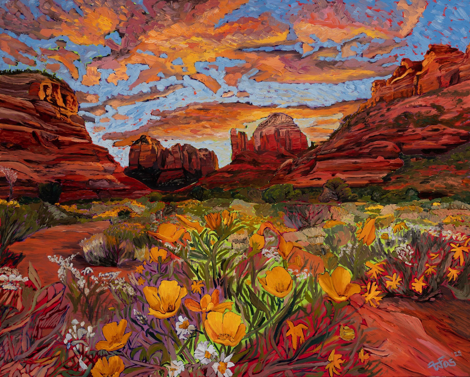 Textured desert landscape oil painting featuring red rock cliffs and neon orange undertones applied with heavy brushstrokes by Brittany Was.